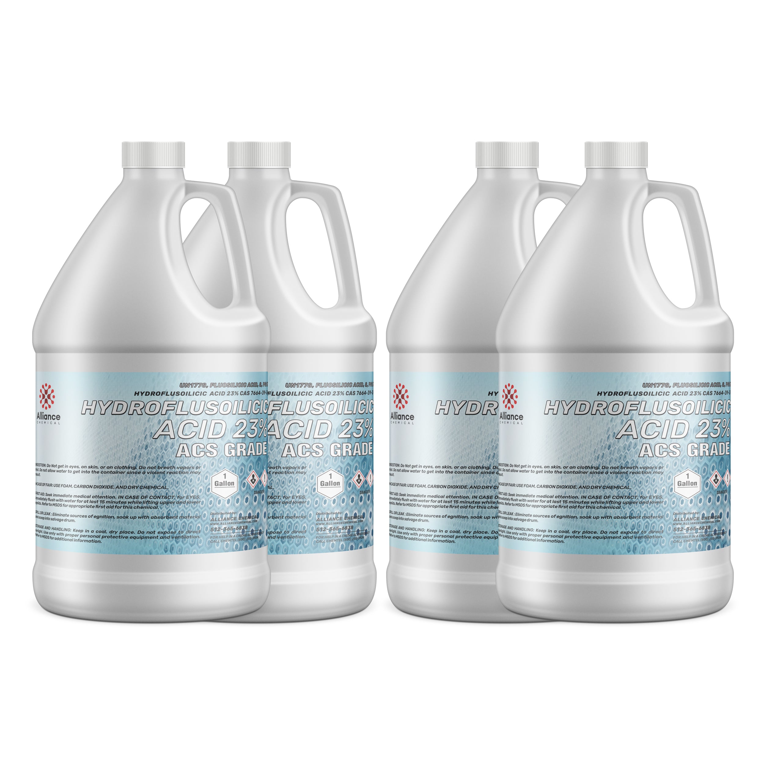 4x1-gallon jugs of Hydrofluosilicic Acid 23% ACS Grade in white HDPE containers with hazard symbols, blue labels, and safety warnings.